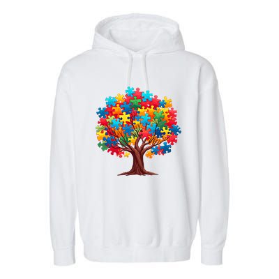 Tree Of Hope Autism Awareness Funny Support Puzzle Great Gift Garment-Dyed Fleece Hoodie