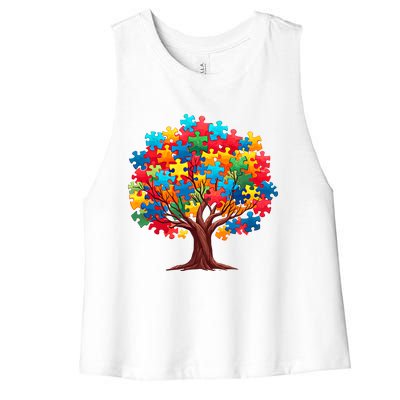 Tree Of Hope Autism Awareness Funny Support Puzzle Great Gift Women's Racerback Cropped Tank