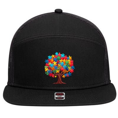 Tree Of Hope Autism Awareness Funny Support Puzzle Great Gift 7 Panel Mesh Trucker Snapback Hat