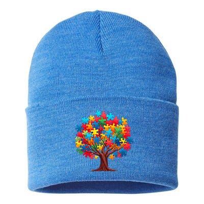 Tree Of Hope Autism Awareness Funny Support Puzzle Great Gift Sustainable Knit Beanie