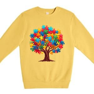 Tree Of Hope Autism Awareness Funny Support Puzzle Great Gift Premium Crewneck Sweatshirt