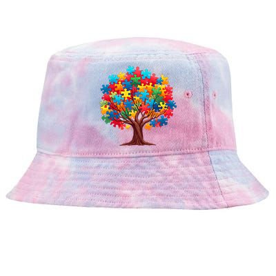 Tree Of Hope Autism Awareness Funny Support Puzzle Great Gift Tie-Dyed Bucket Hat