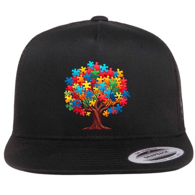 Tree Of Hope Autism Awareness Funny Support Puzzle Great Gift Flatbill Hat