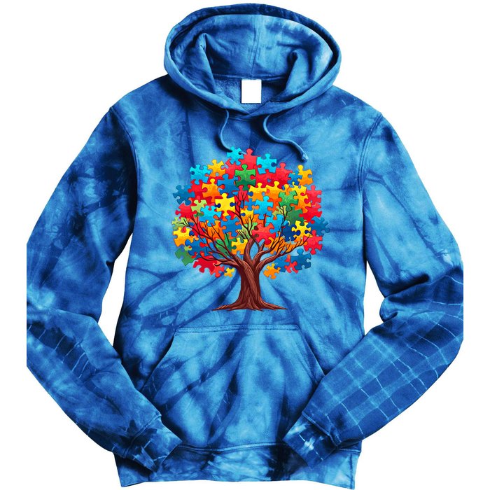 Tree Of Hope Autism Awareness Funny Support Puzzle Great Gift Tie Dye Hoodie