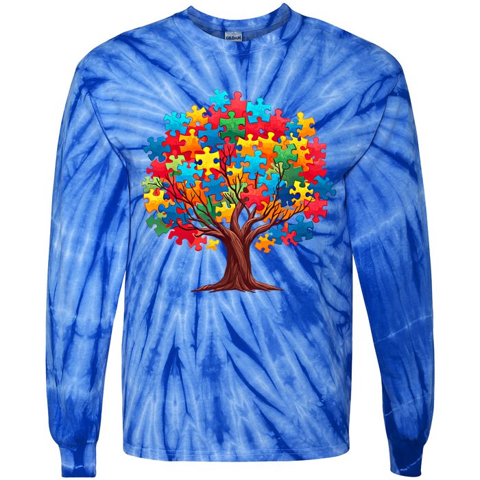 Tree Of Hope Autism Awareness Funny Support Puzzle Great Gift Tie-Dye Long Sleeve Shirt