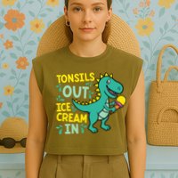 Tonsils Out Ice Cream In Dino Tonsillectomy Tonsil Removal Garment-Dyed Women's Muscle Tee