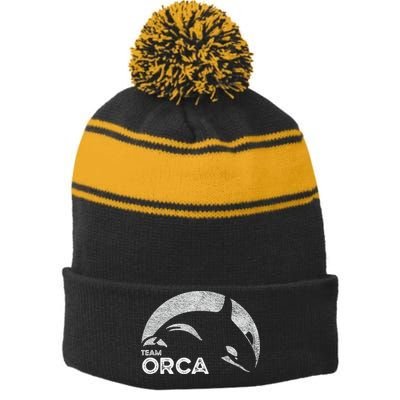 Team Orca Killer Whale Distressed Design Stripe Pom Pom Beanie