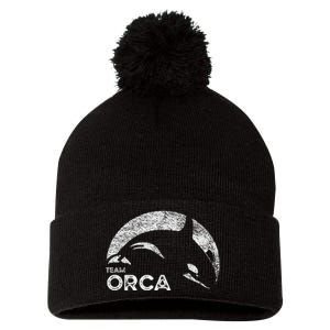 Team Orca Killer Whale Distressed Design Pom Pom 12in Knit Beanie