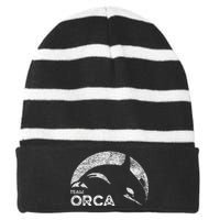 Team Orca Killer Whale Distressed Design Striped Beanie with Solid Band