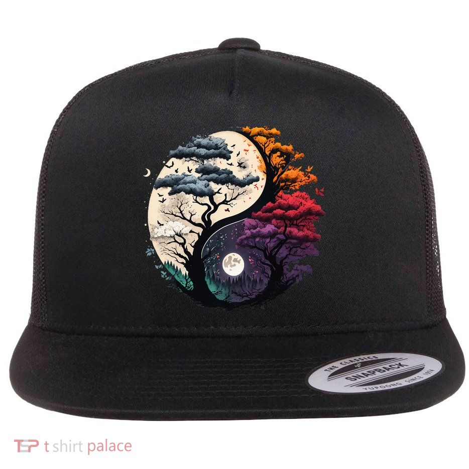 Tree of Life Yin Yang Flat Bill Trucker Hat