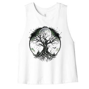 Tree of Life Under the Moon Connection, Life, Magic, Mystery Women's Racerback Cropped Tank