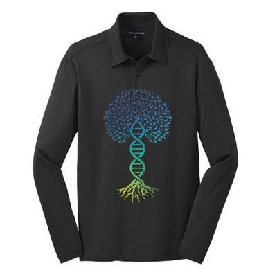 Tree Of Life DNA Science Genetics Earth Day Genealogy Blue Silk Touch Performance Long Sleeve Polo