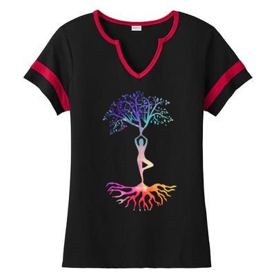 Tree Of Life With Colorful Yoga Ladies Halftime Notch Neck Tee