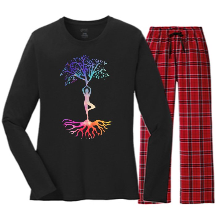 Tree Of Life With Colorful Yoga Women's Long Sleeve Flannel Pajama Set 