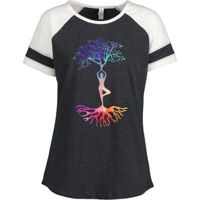 Tree Of Life With Colorful Yoga Enza Ladies Jersey Colorblock Tee