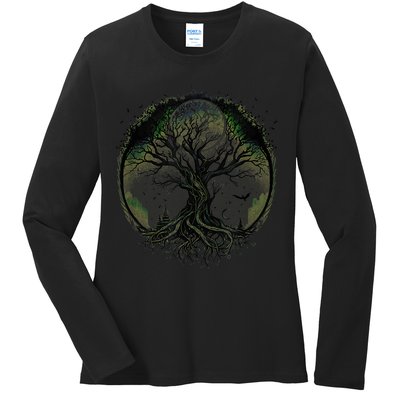 Tree Of Life Under The Moon Connection, Life, Magic, Mystery Ladies Long Sleeve Shirt