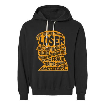 Trump Outline Loser Corrupt Idiot Liar Felonies Fraud Garment-Dyed Fleece Hoodie