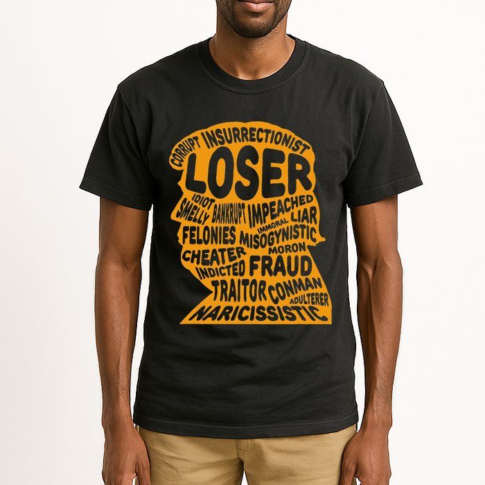 Trump Outline Loser Corrupt Idiot Liar Felonies Fraud Tall T-Shirt