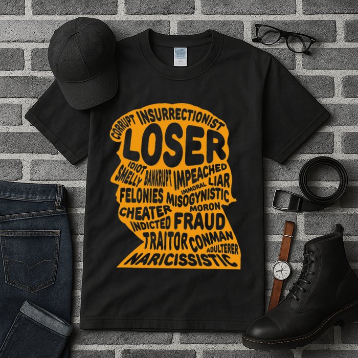 Trump Outline Loser Corrupt Idiot Liar Felonies Fraud Tall T-Shirt