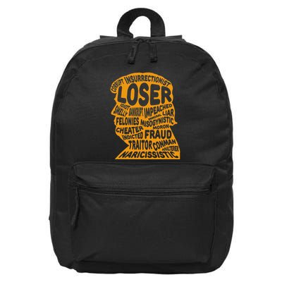 Trump Outline Loser Corrupt Idiot Liar Felonies Fraud 16 in Basic Backpack