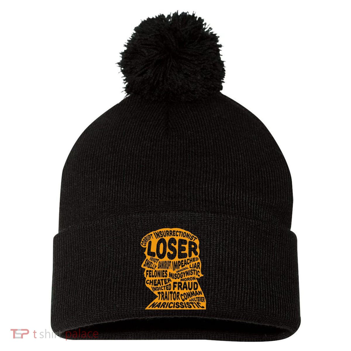 Trump Outline Loser Corrupt Idiot Liar Felonies Fraud Pom Pom 12in Knit Beanie