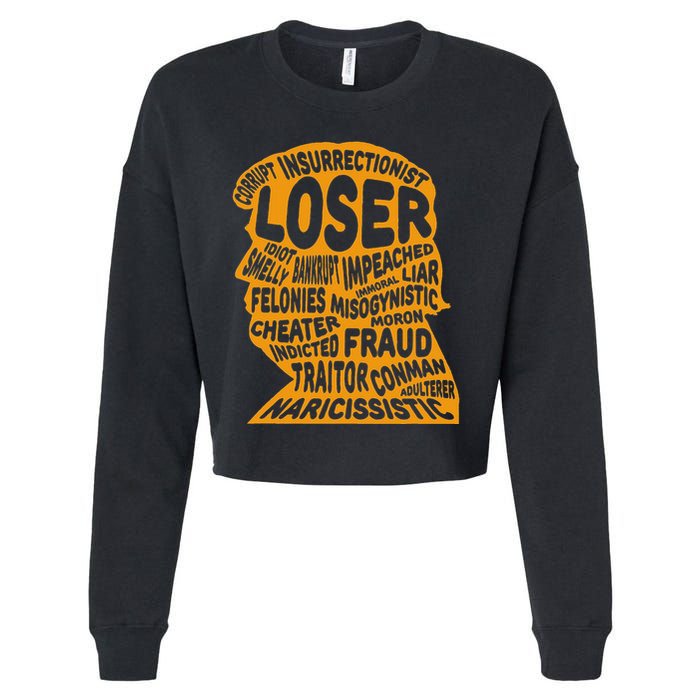 Trump Outline Loser Corrupt Idiot Liar Felonies Fraud Cropped Pullover Crew