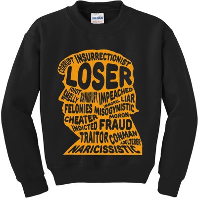 Trump Outline Loser Corrupt Idiot Liar Felonies Fraud Kids Sweatshirt