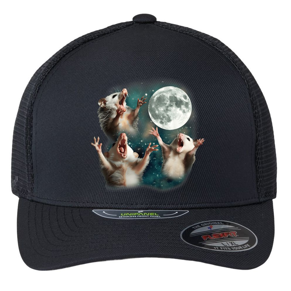 Three Opposum Moon 3 Possum Dead Moon Weird Cursed Meme Flexfit Unipanel Trucker Cap