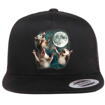 Three Opposum Moon 3 Possum Dead Moon Weird Cursed Meme Flat Bill Trucker Hat