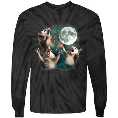 Three Opposum Moon 3 Possum Dead Moon Weird Cursed Meme Tie-Dye Long Sleeve Shirt