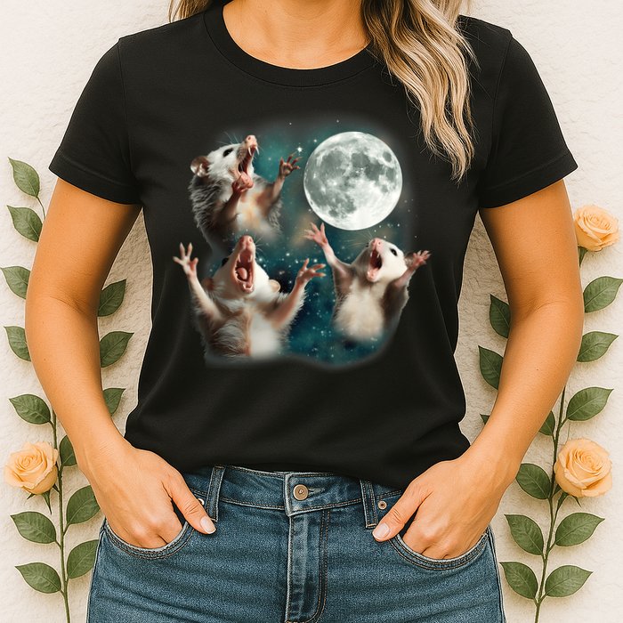 Three Opposum Moon 3 Possum Dead Moon Weird Cursed Meme Womens T-Shirt