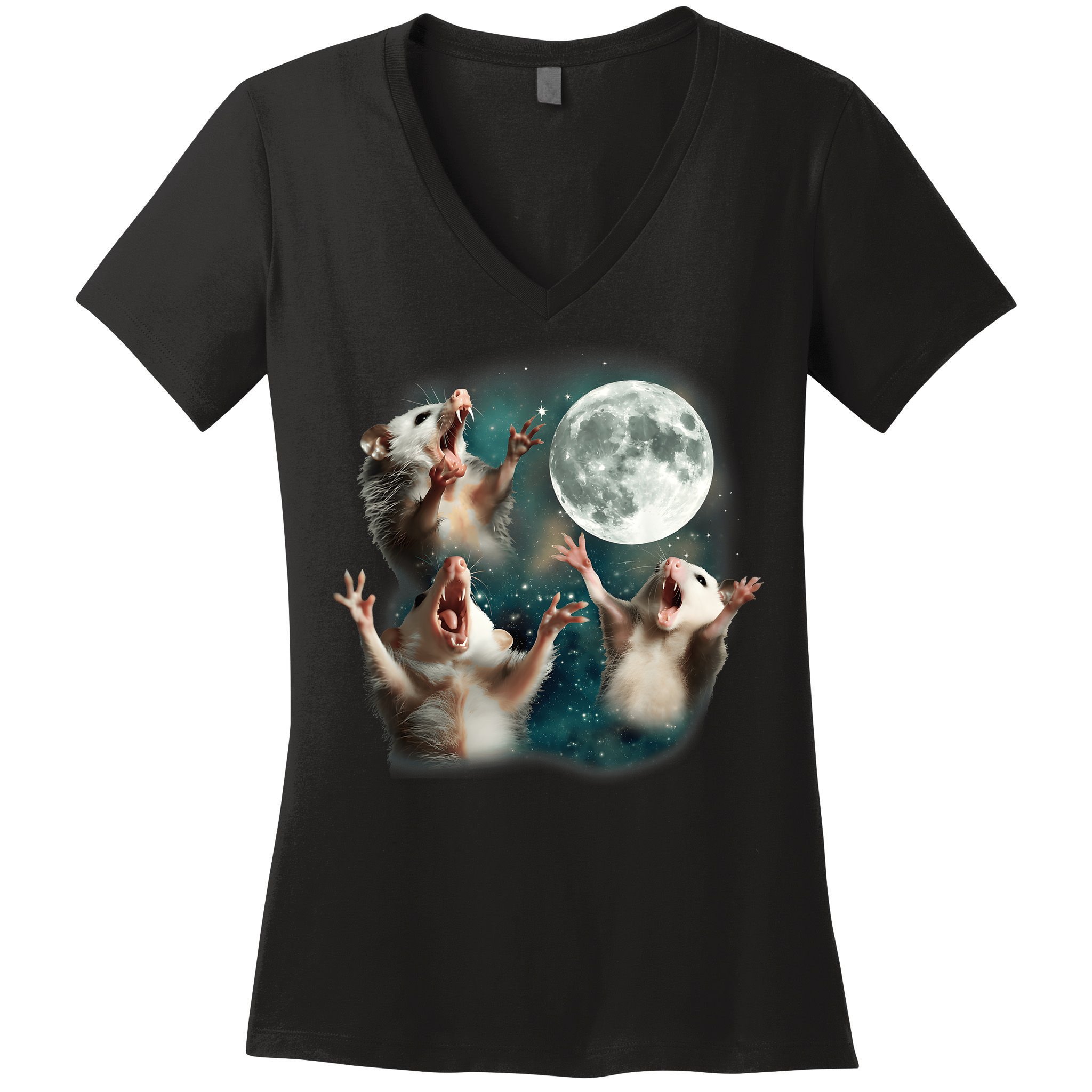 Three Opposum Moon 3 Possum Dead Moon Weird Cursed Meme Women's V-Neck T-Shirt