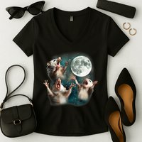 Three Opposum Moon 3 Possum Dead Moon Weird Cursed Meme Women's V-Neck T-Shirt