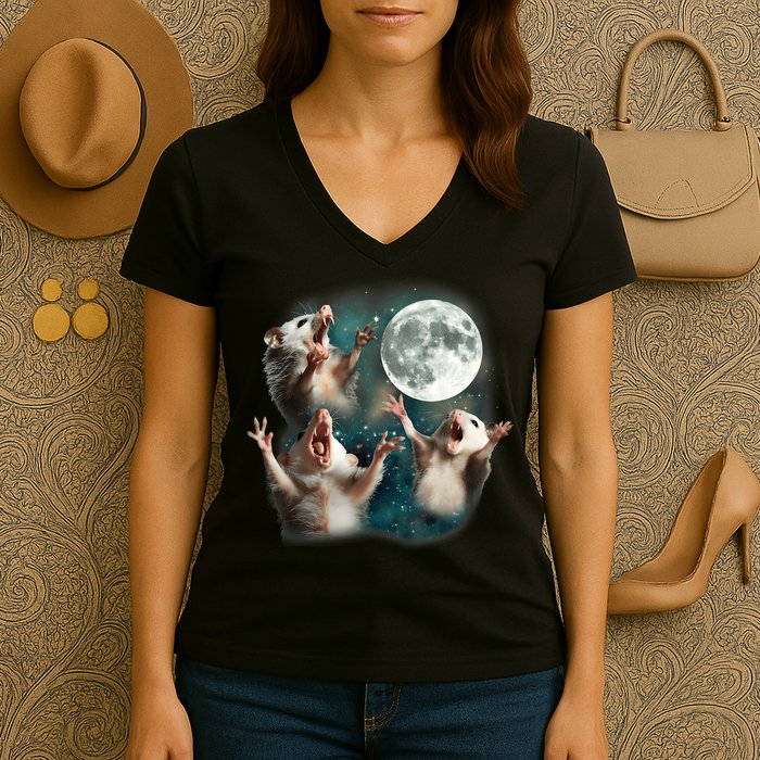 Three Opposum Moon 3 Possum Dead Moon Weird Cursed Meme Women's V-Neck T-Shirt