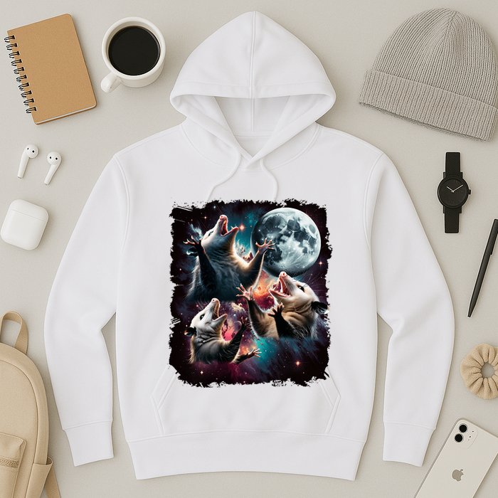 Three Opossum Moon | 3 Possum Moon Funny Weird Cursed Meme Hoodie