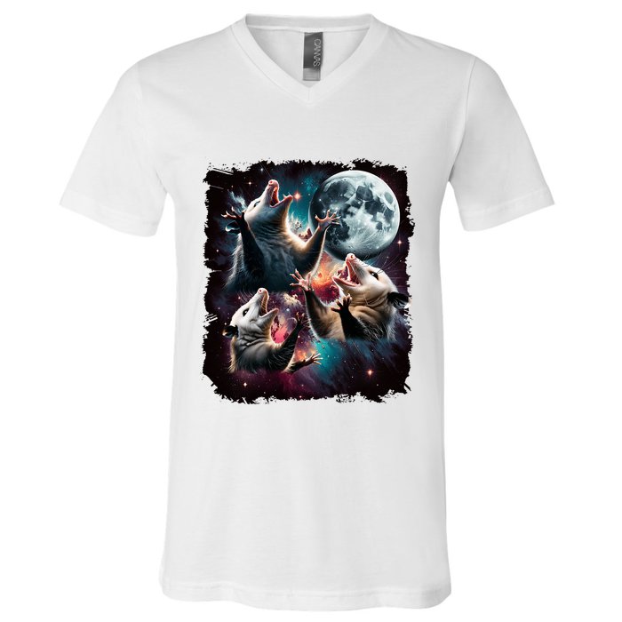 Three Opossum Moon | 3 Possum Moon Funny Weird Cursed Meme V-Neck T-Shirt