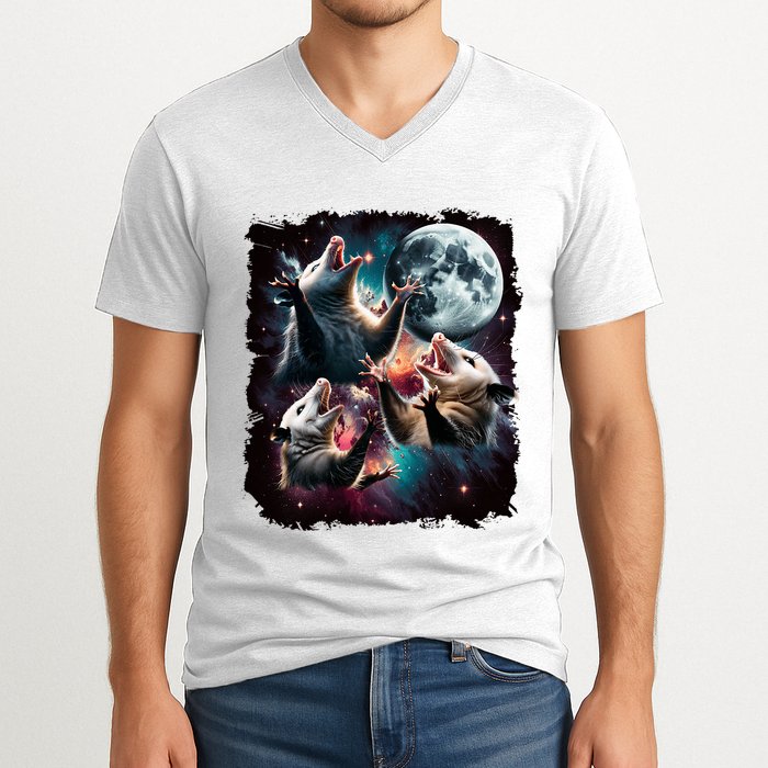 Three Opossum Moon | 3 Possum Moon Funny Weird Cursed Meme V-Neck T-Shirt