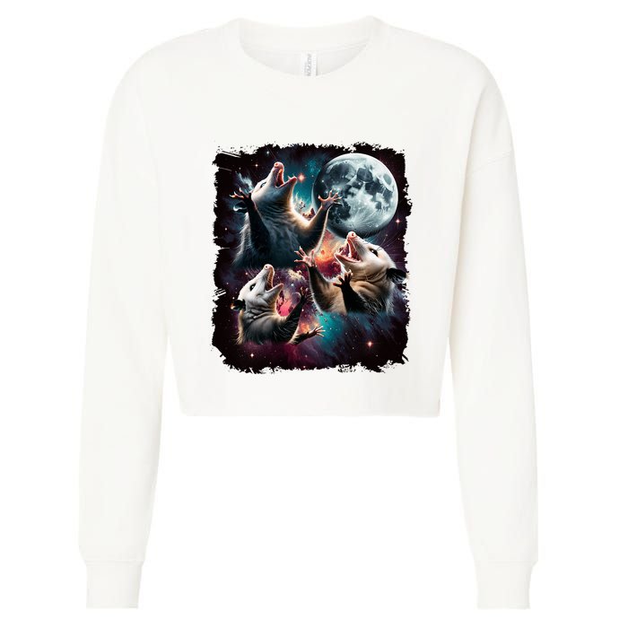 Three Opossum Moon | 3 Possum Moon Funny Weird Cursed Meme Cropped Pullover Crew