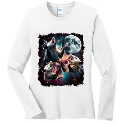 Three Opossum Moon | 3 Possum Moon Funny Weird Cursed Meme Ladies Long Sleeve Shirt