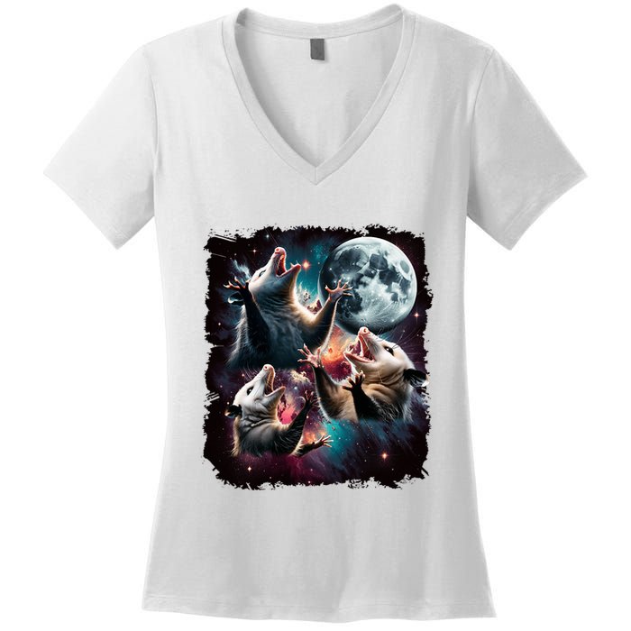 Three Opossum Moon | 3 Possum Moon Funny Weird Cursed Meme Women's V-Neck T-Shirt