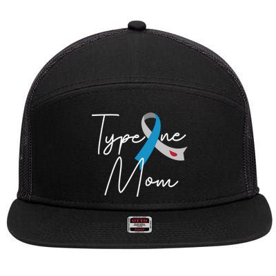 Type One Mom Grey Blue Ribbon Type 1 Diabetes Awareness Meaningful Gift 7 Panel Mesh Trucker Snapback Hat