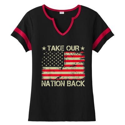 Take Our Nation Back Trump 2024 Election Pro Trump US Flag Ladies Halftime Notch Neck Tee