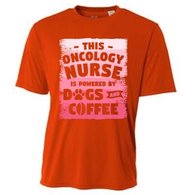 This Oncology Nurse Is Powered By Dogs And Coffee Oncologist Gift Cooling Performance Crew T-Shirt