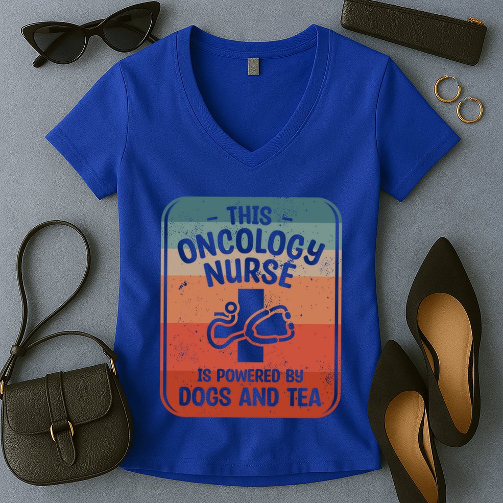 This Oncology Nurse Is Powered By Dogs And Tea Oncologist Cute Gift Women's V-Neck T-Shirt