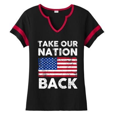 Take Our Nation Back Trump 2024 Election Pro Trump US Flag Ladies Halftime Notch Neck Tee