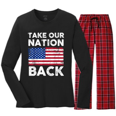 Take Our Nation Back Trump 2024 Election Pro Trump US Flag Women's Long Sleeve Flannel Pajama Set 