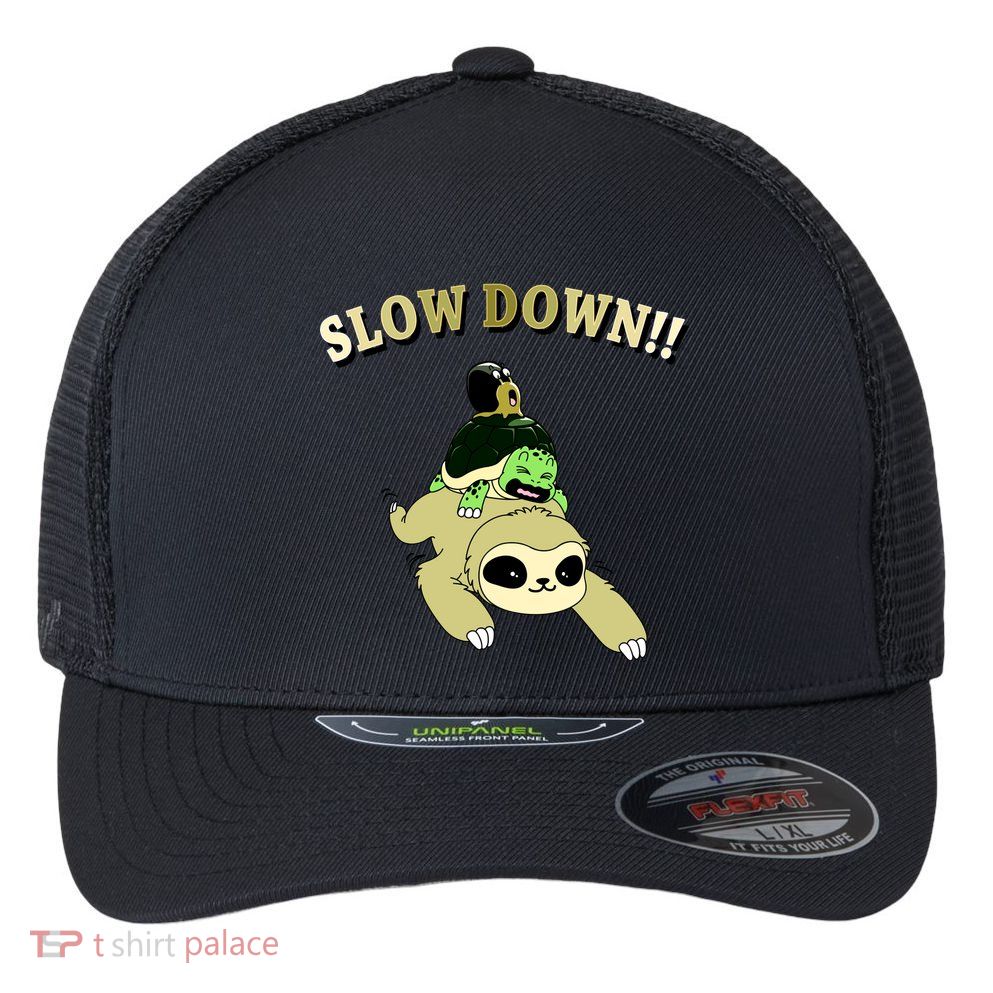 Too Fast Turtle Riding Sloth Flexfit Unipanel Trucker Cap