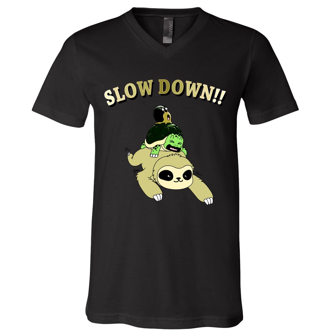 Too Fast Turtle Riding Sloth V-Neck T-Shirt