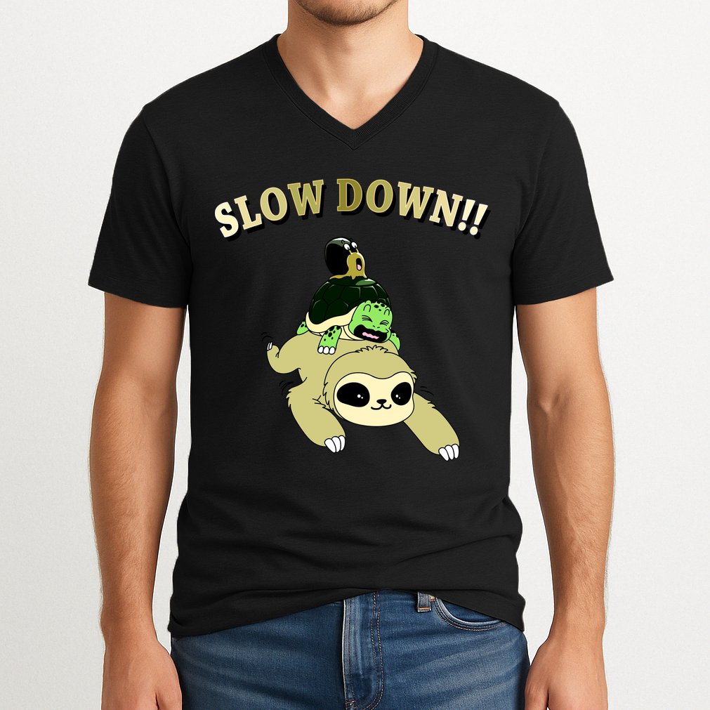 Too Fast Turtle Riding Sloth V-Neck T-Shirt