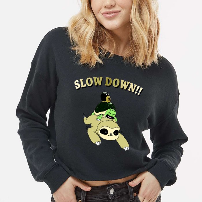 Too Fast Turtle Riding Sloth Cropped Pullover Crew